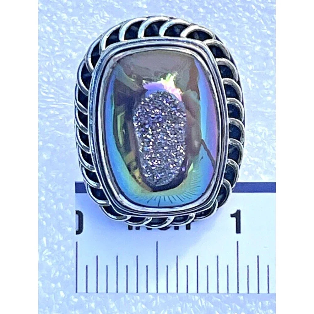 Gem Essence Peacock PJC Drusy Quartz Ring Sterling Silver Braiding  Size 6